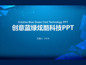 Stereo vision geometric figure dot line network blue and green cool technology wind ppt template
