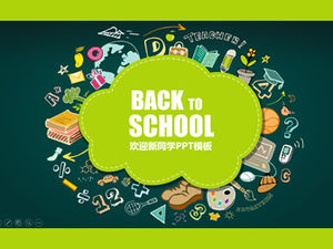 Class teacher welcomes students back to school green cartoon style education teaching ppt template