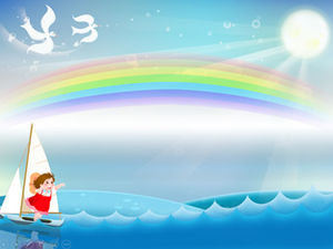 Arco-íris ensolarado, dinâmico, ondas do oceano, menina bonita remando barco à vela desenho bonito modelo ppt