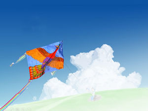 Blue sky and white clouds grassland kite flying ppt template
