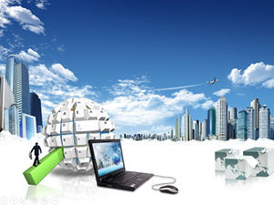 키보드 지구 노트북 현대 도시 비즈니스 PPT 템플릿