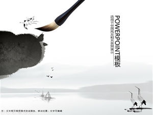 Brush ink light boat cranes elegant Chinese style ppt template