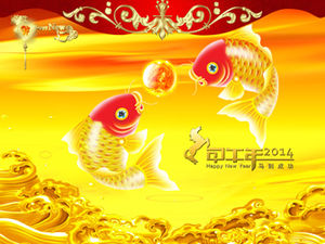 Богатая и драгоценная золотая рыбка делает новый год динамичным новогодним шаблоном п.п.