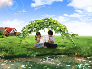 Ppt-Schablone des glücklichen Paradieses des grünen Hauses der Kinder