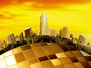 Modelo de ppt empresarial dourado de prédio alto sob lente grande angular