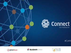 El punto y la línea de "comunicación con hootsuite" conectan la plantilla ppt de tecnología azul de la red terrestre