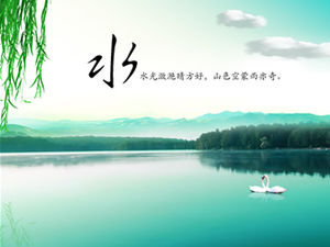 Weeping willow flying birds floating clouds lake and mountains Chinese style ppt template