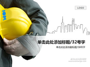 Hand holding safety helmet modern city construction industry ppt template
