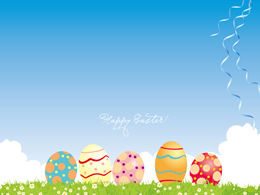 A row of colorful eggs blue sky and white clouds ppt template