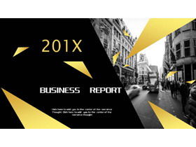 Template PPT bisnis emas hitam dengan latar belakang gambar jalan Eropa dan Amerika