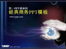Unduhan template PPT bisnis klasik dalam warna gelap dengan latar belakang biru
