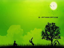 Green background children playing art PPT template