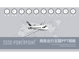 Business travel PPT template with airplane and world time background