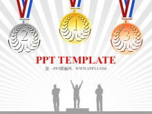 Unduhan template pertemuan olahraga PPT dengan podium dan latar belakang medali