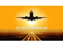 Modello PPT di logistica dell'aviazione con sfondo dorato dell'aeroplano