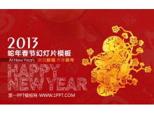 Modelo de slide de ano novo de ano novo cobra em fundo vermelho de corte de papel festivo