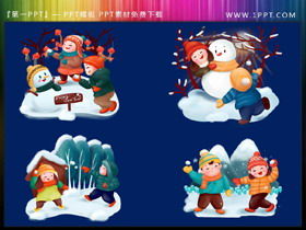 Cuatro muñecos de nieve de dibujos animados lucha de bolas de nieve material PPT