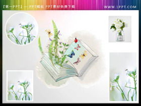 新緑の植物の本の蝶のPPTイラスト