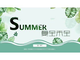 Шаблон PPT тема летнего солнцестояния с зеленым фоном листьев растений акварель
