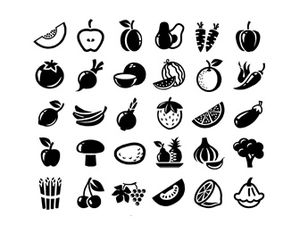 Buah-buahan dan sayuran ikon vektor ppt makanan monokrom