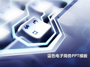 Template PPT e-niaga dengan latar belakang keyboard dan simbol mata uang