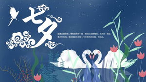 Dwa białe łabędzie w tle miłości Qixi Festival PPT szablon