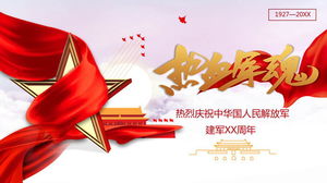 Red ribbon golden five-pointed star background hot blood army soul PPT template