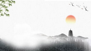 Imagen de fondo de PPT de bambú de torre alta de montañas de pintura de tinta clásica