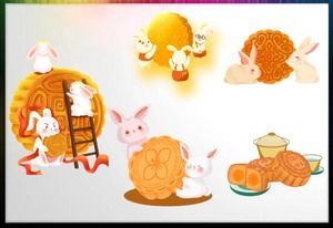 Cinco coelhos de desenho animado e bolos lunares, material PPT