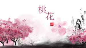 Güzel şeftali çiçeği Çin tarzı mürekkep ppt şablonu