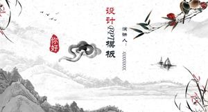 Plantilla ppt de flores y pájaros de paisaje de tinta de fengshui chino