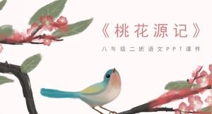 Fondo de flores y pájaros de acuarela simple y elegante plantilla PPT de cursos de enseñanza de chino de flor de durazno de primavera