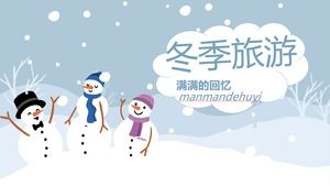 Winter travel album PPT template with cartoon snowman background
