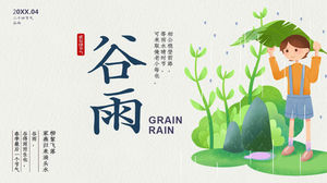 Ziarna deszczowe wprowadzenie terminu słonecznego PPT szablon z kreskówkowym deszczowym chłopcem w tle