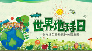 Template PPT Hari Bumi dengan latar belakang bumi kartun anak-anak yang dilukis dengan tangan