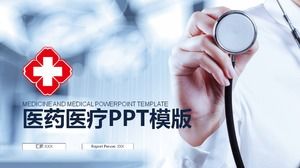 Plantilla PPT de informe de resumen de trabajo de médico de hospital con fondo de estetoscopio