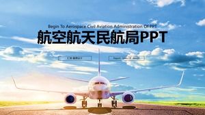 Template PPT logistik transportasi pesawat Aerospace Civil Aviation Administration biru-hijau