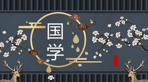 Template PPT tema pembelajaran Cina dengan rusa emas dan latar belakang bunga prem