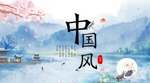 Latar belakang bunga sakura gunung tinta yang indah dan indah Template PPT gaya Cina