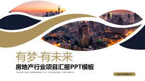 Templat PPT laporan proyek real estat dengan latar belakang pemandangan malam kota