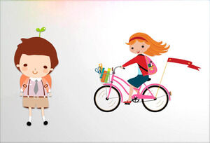 Quatro conjuntos de crianças de desenho animado andando de bicicleta material PPT
