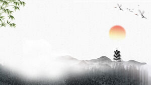 Classical ink and wash mountains and towers bamboo PPT background picture