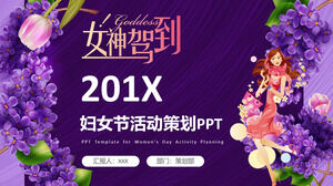 Bezaubern Sie die lila dynamische Göttin, die zur PPT-Vorlage für die Veranstaltungsplanung am 201X-Frauentag fährt