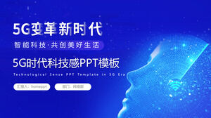 Template PPT tema era 5G dengan latar belakang ekspresi karakter virtual biru