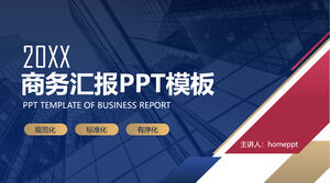 Szablon raportu biznesowego PPT z czerwonym i niebieskim tłem budynku komercyjnego