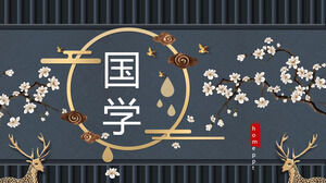 Шаблон PPT темы изучения китайского языка с золотым оленем и цветущей сливой на фоне