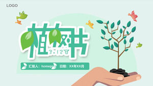 Modello PPT a tema Arbor Day in stile cartone animato verde per la protezione dell'ambiente