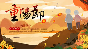 Versão pintada à mão do festival tradicional chinês do modelo PPT do Festival Chongyang do pôr do sol