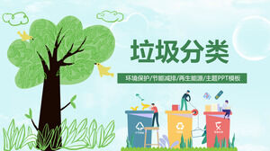 Modelo de PPT de tema de proteção ambiental de classificação de lixo de personagem de desenho animado fresco pequeno verde