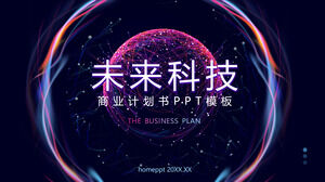 Plantilla PPT de plan de negocios de tecnología futura con fondo de planeta de línea de puntos de halo abstracto